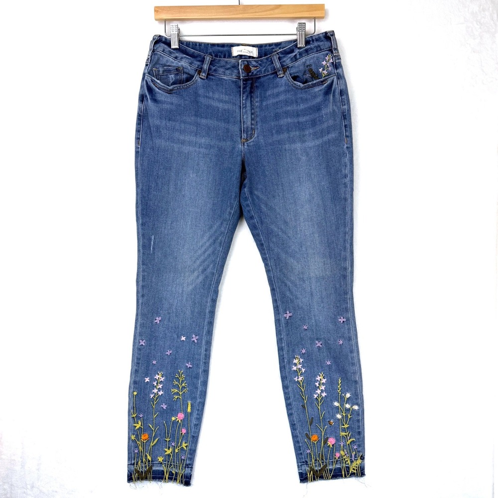 Sundance Women Blue Floral Embroidered Slim Leg Jeans Raw Hem Mid Rise Size 30